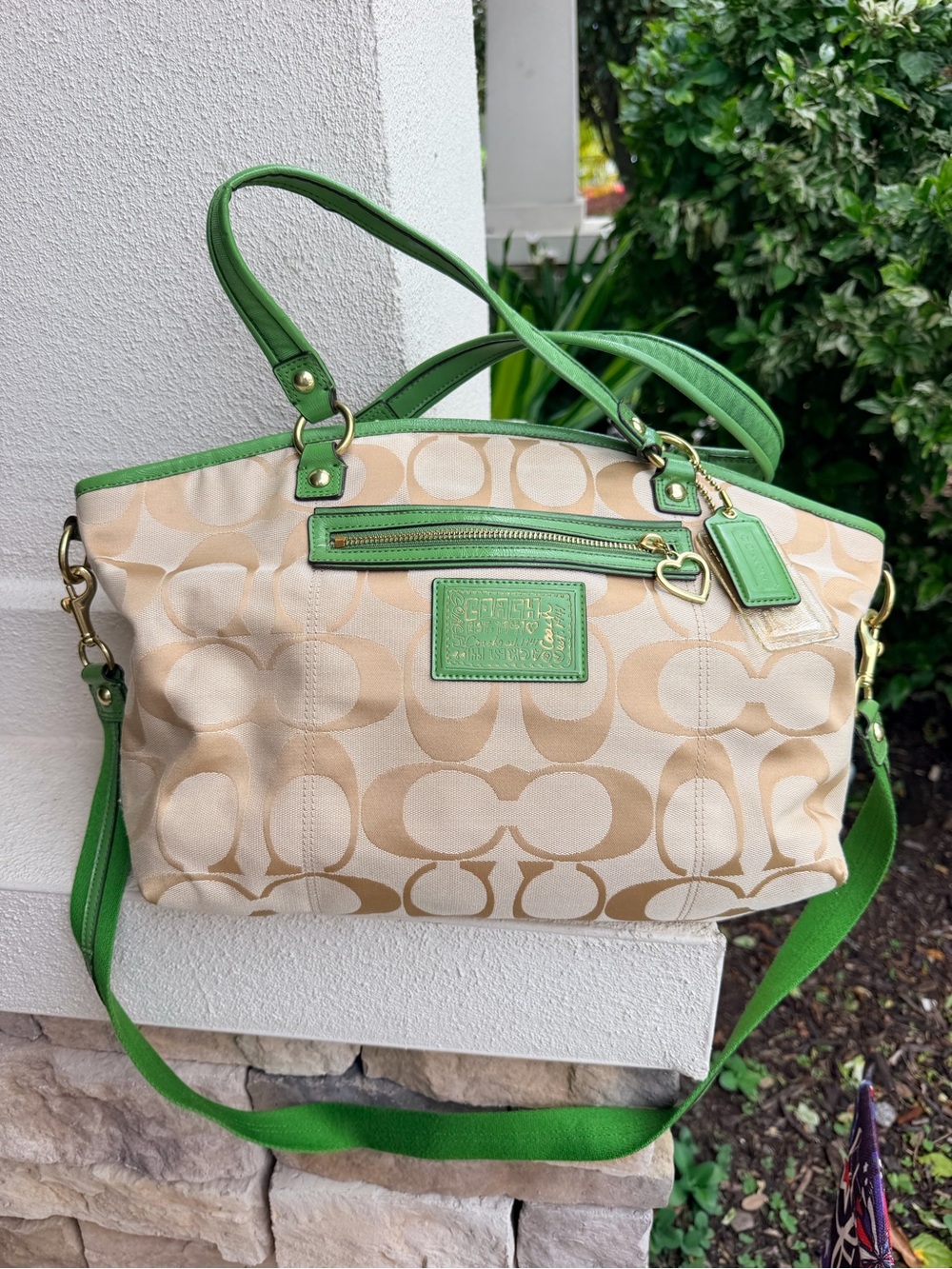 Coach F23391 Daisy Signature Large Satchel Khaki Green Crossbody Shoulder Bag